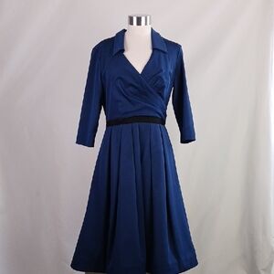 Pamella Roland Blue Pleated Bottom Fit Flare Dress with Notched Collar.
